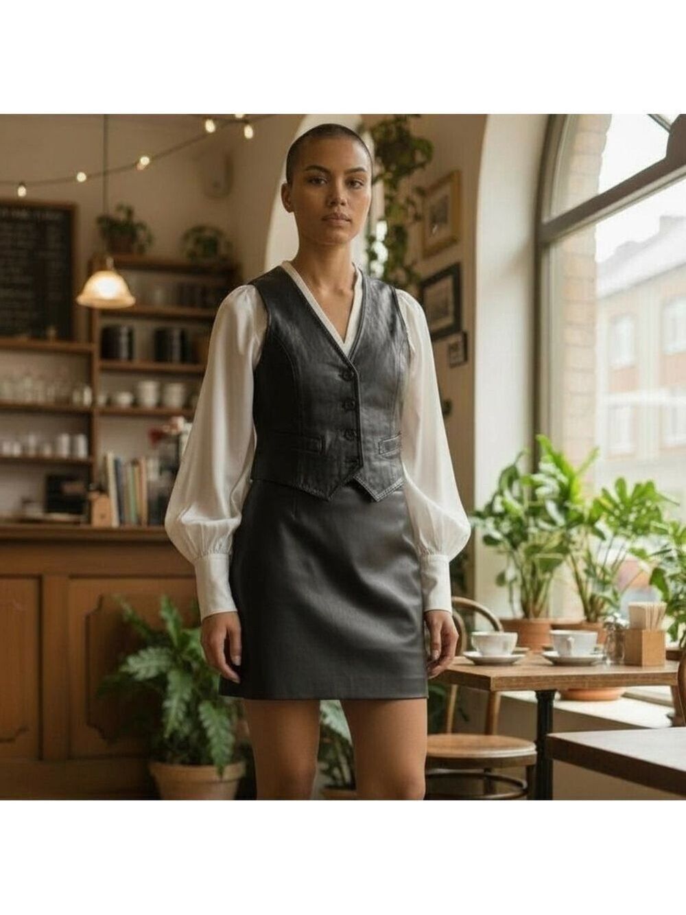 80s BLACK LEATHER MINI SKIRT & OVERSIZED VEST ROCKABILLY JFS SIGNATURE LEATHER S